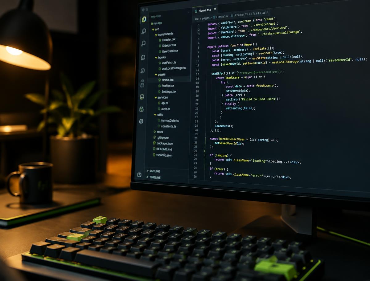 Code editor with a React project open on a monitor (stock photo)