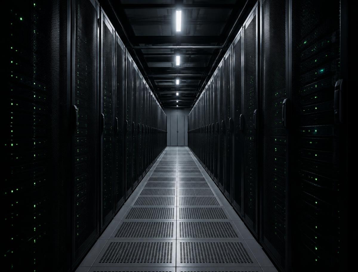 Aisle of server racks with green status lights in a data center (stock photo)