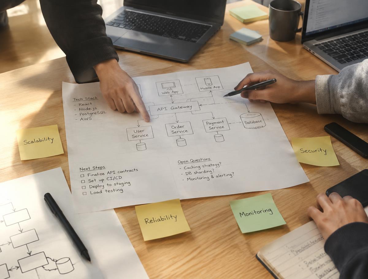 Laptops and a hand-drawn system architecture diagram on a shared table (stock photo)